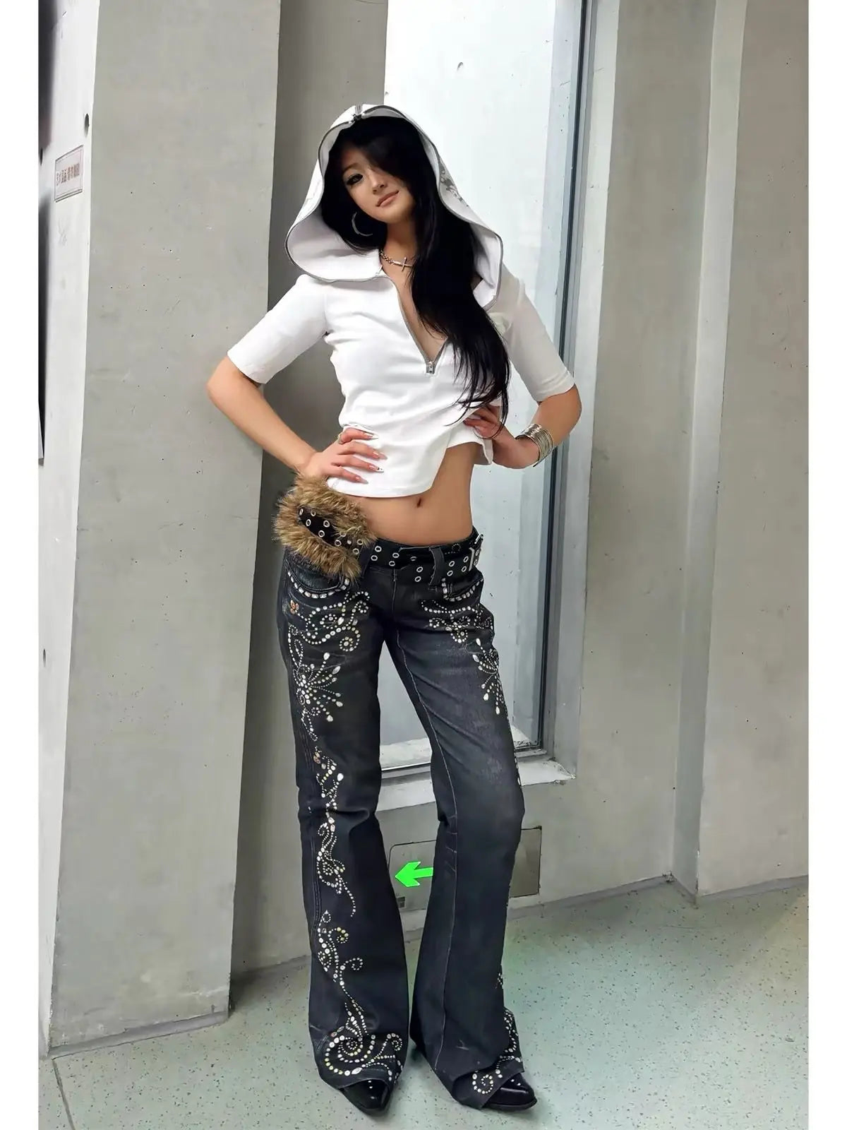 Vintage Gem Floral Print Low Waist Flared Pants Women Retro Y2K - Blue