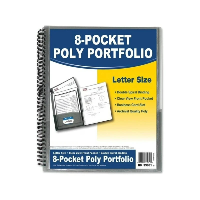 CLI33081, 8-Pocket Spiral-bound Poly Portfolio, 1 Each, Smoke,Clear
