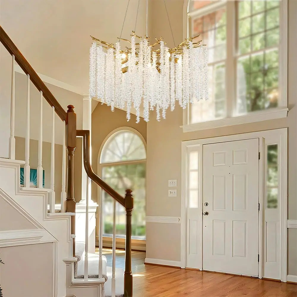 Artpad Luxury Round Crystal Chandelier Dining Room Bedroom Branch Crystal Hanging Pendant Chandelier for Kitchen Living Room