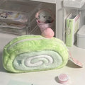 INS Melon Swiss Roll Green Plush Pencil Case Bag Creative Stationery Storage Bags Large Capacity Desk Organizer for Students