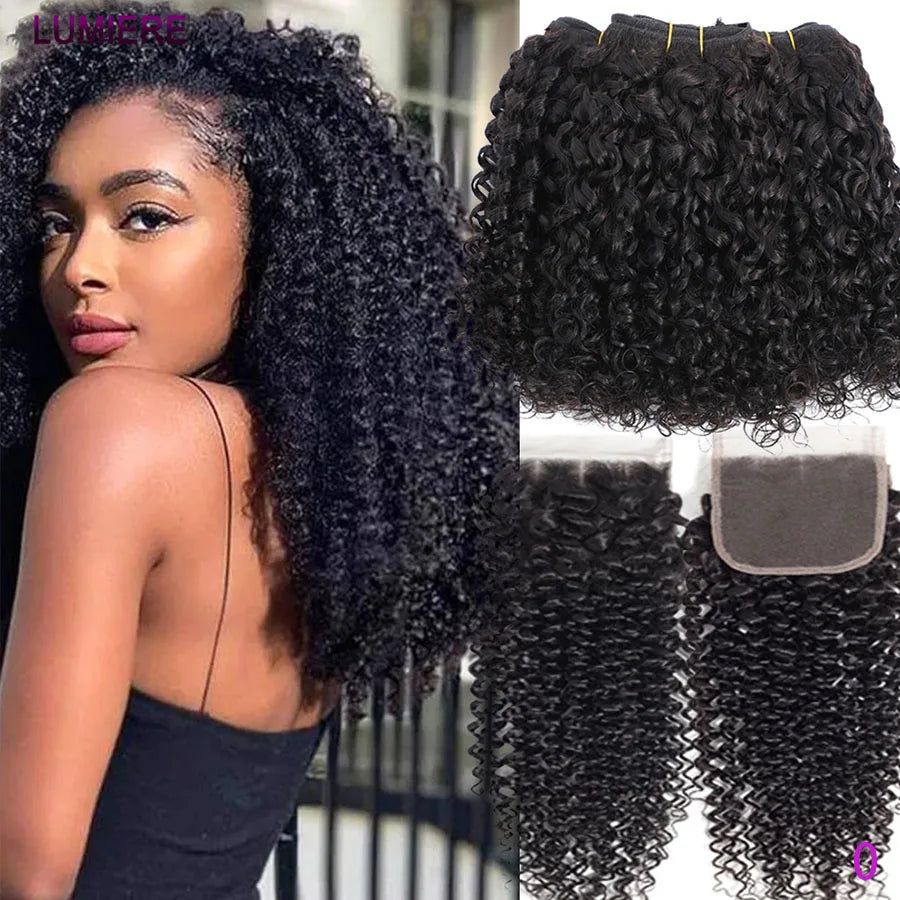 Bouncy Burmese Pixie Curly Human Hair Bundles with Closure