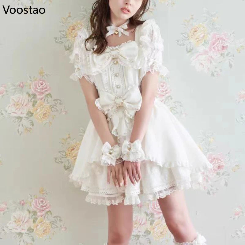 Japanese Sweet Lolita Rhinestone Bow Dress Kawaii Women Y2k - Black