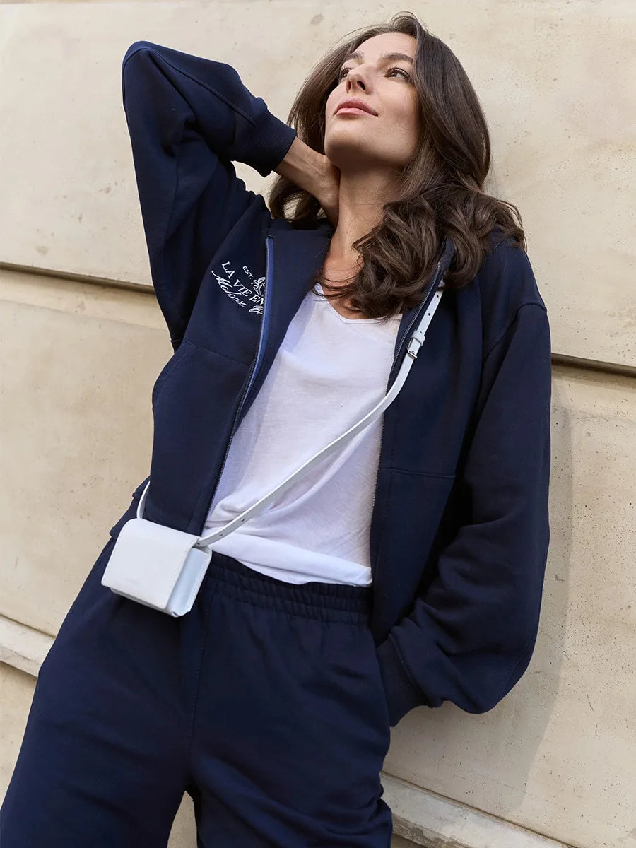 Sumuyoo Short Zipper Hoodie Set Women's 2025 Autumn Winter Casual Sports Hoodie Sweatshirt Wide Leg Pants 2 Piece Set