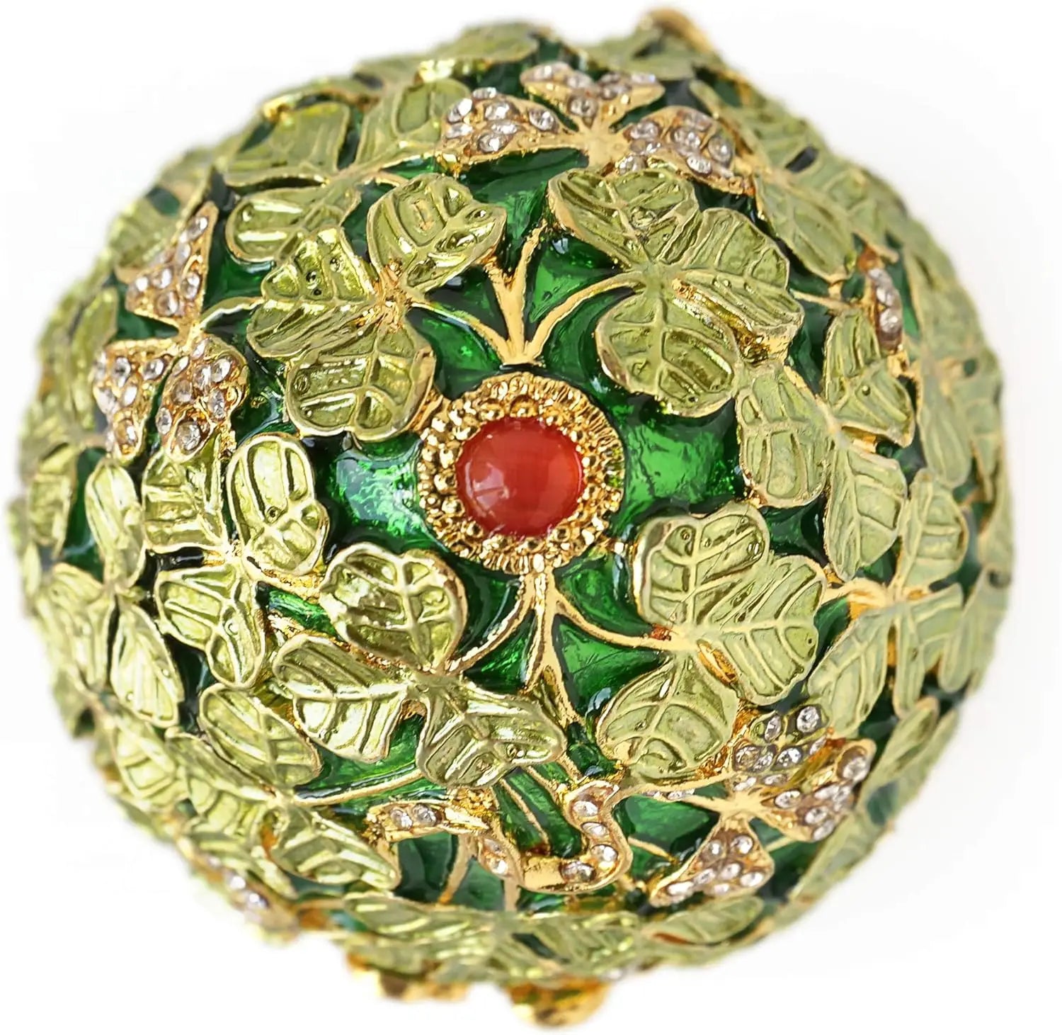 Hand-painted retro-style golden leaf Faberge eggs, with rich enamel and shiny rhinestone jewelry box (gold pink leaves), metalli