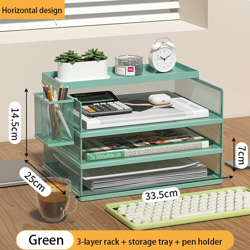 4-Tier Green Stackable Letter Tray Office Desk Organizer File Trays, Desktop Holder for Paper Letter Accessories with Pen Holder
