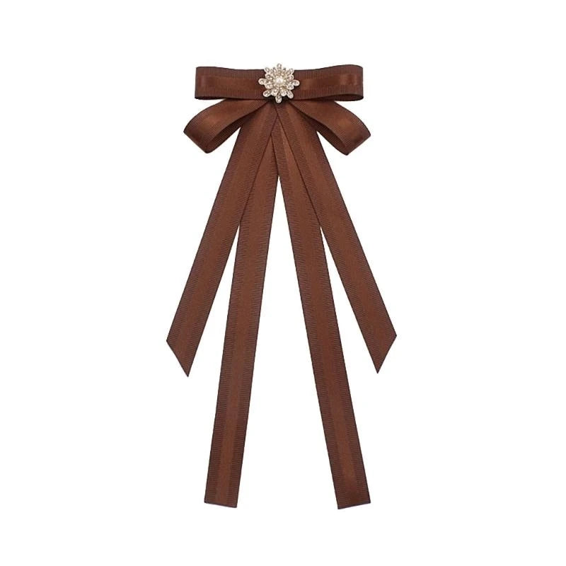 Ribbon Bowtie Brooch Pin Student Uniform Pre Tied Necktie Clip Vintage Brown Plaids Bowknot Corsage Shirt Jabot Collar