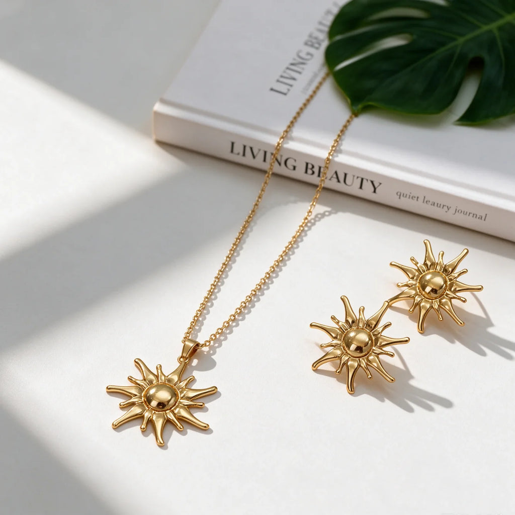 1Set Retro French Glossy Polished Stainless Steel Sunflower Pendant