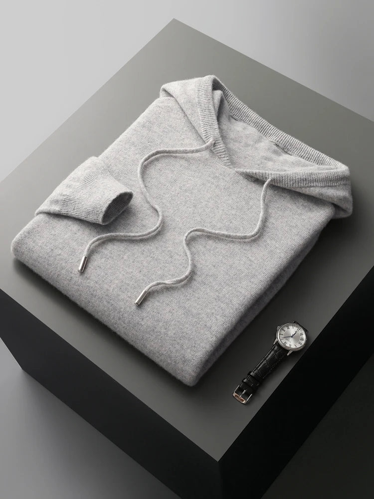 MVLYFLRT Men's 100% Merino Wool Sweater Hooded Collar Knitted Pullover Sweatshirt Autumn Winter Casual Large Tops Long Sleeved
