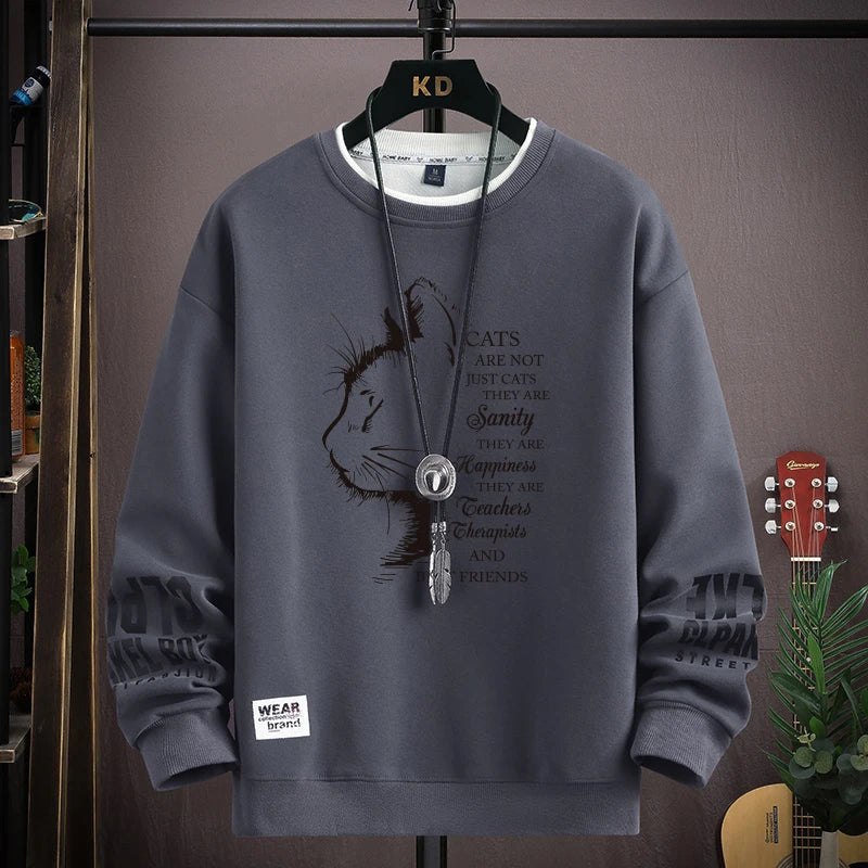 Autumn Men's Sweatshirt Sketch Cat Print Long Sleeve T-shirt Fashion Men's Clothing Black O Neck Harajuku Exclusive Design Top