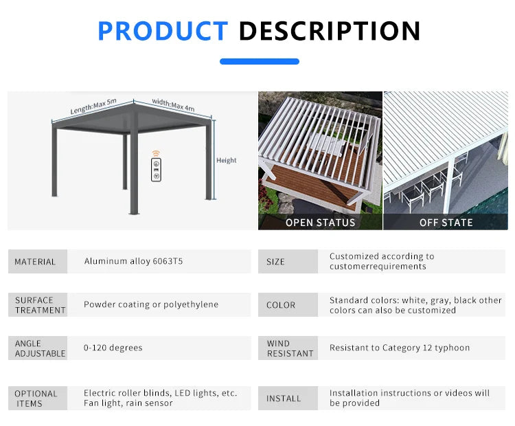 Outdoor Aluminum Pergola Gazebo – Adjustable Roof Pavilion for Garden or Terrace