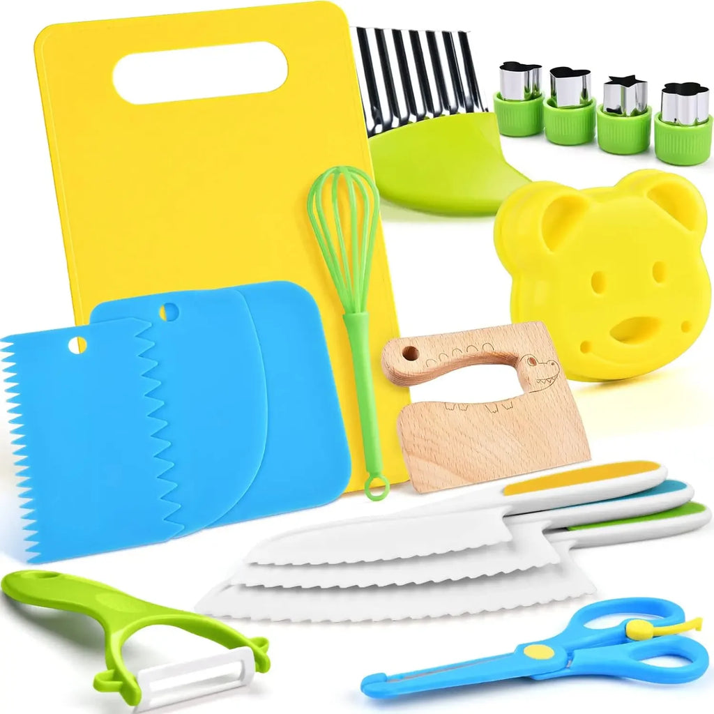 17 Pieces Kids Cooking Set Real Montessori Kitchen Tools Toddler Safe Serrated Edges with Plastic Knife Cutting Board Scissors