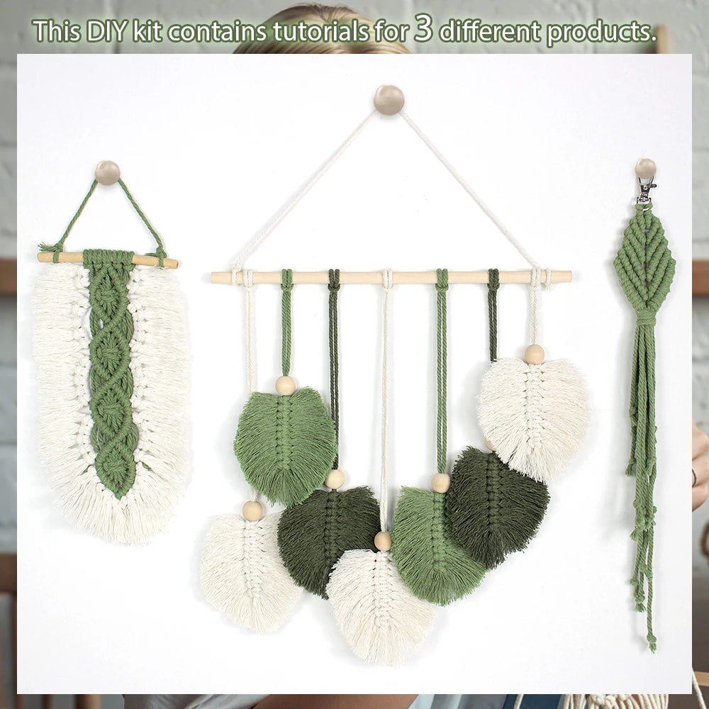 Leaf Tapestry Keychain Macrame Kit with Tutorial For Beginners Handmade DIY Key Chain Wall Hanging Knitted Kit for Home Decor