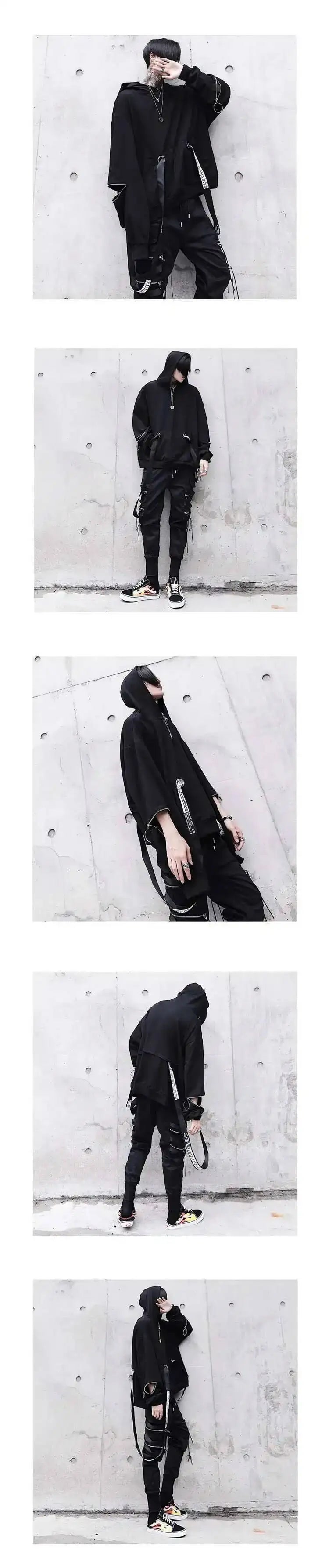 HKSH Spring Autumn New Outfit China-Chic Dark Ribbon Zipper Men Tide Dark Hooded Sweatshirt Original Punk Ins Cargo Pants HK0531