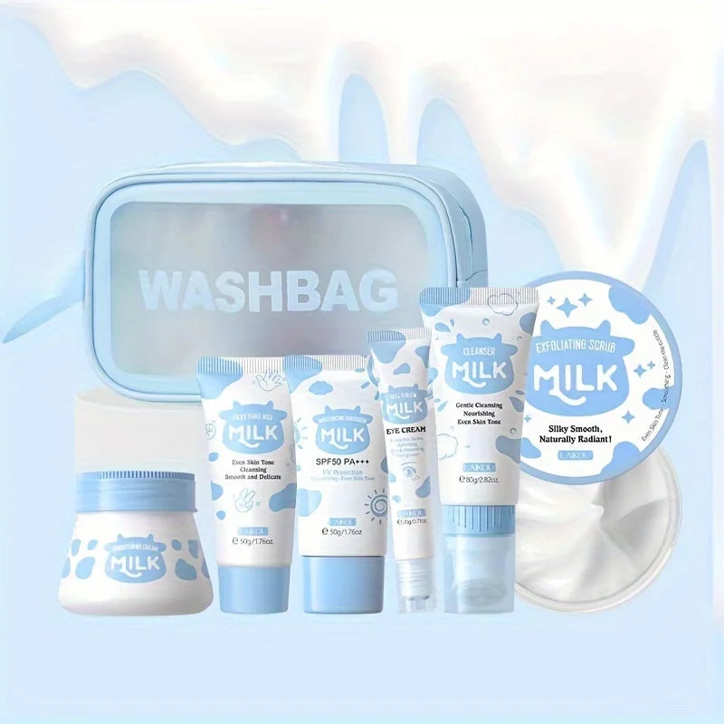 7 Pack Milk Skin Care Kit: Moisturizing Body Cleansing Milk, Body Scrub, Hand Products, Eye Cream and Storage Bag