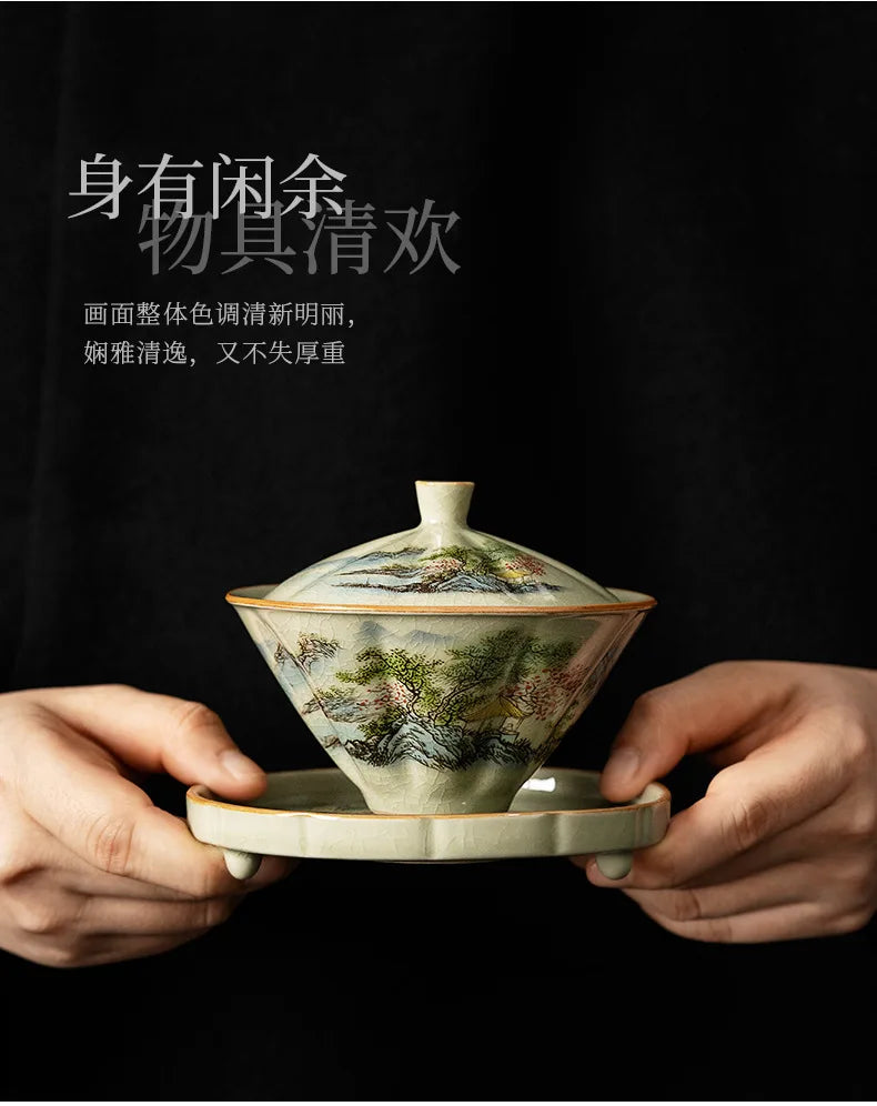 Jingdezhen-Ceramic Tea Cup with Bamboo Hat, Traditional Handmade Tea Ware, Single Bowl, Kung Fu Tea with Lid, Sancai Gaiwan