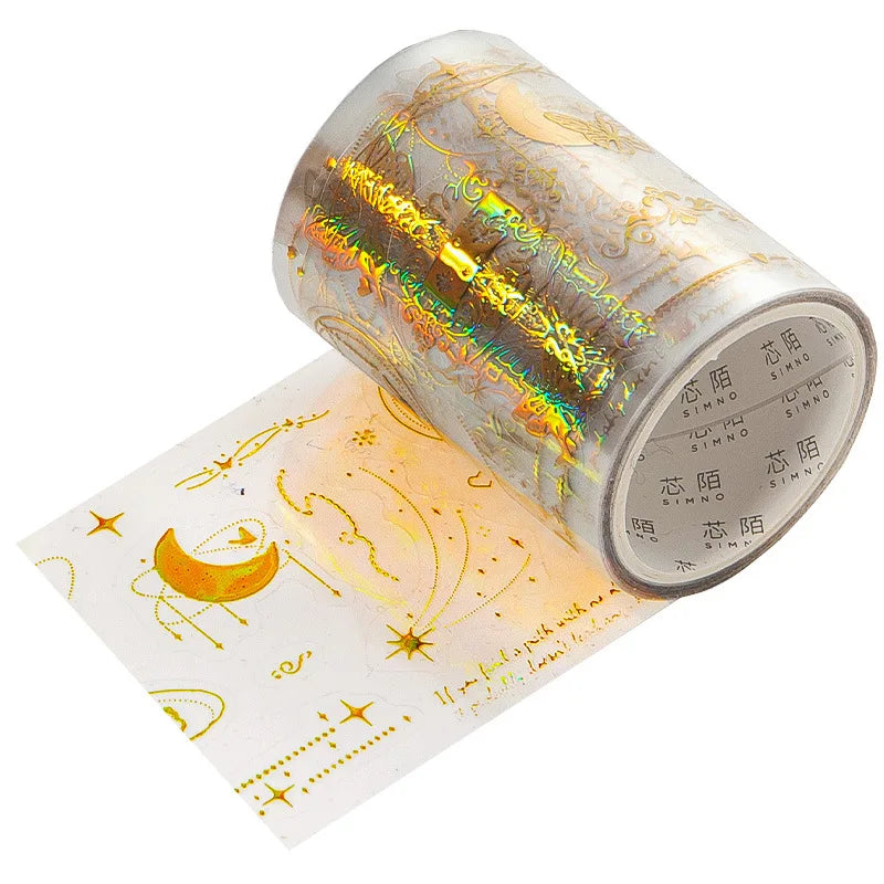 5.5*200cm 1roll Metallic PET Tape for Journaling, Laser Gold/Silver Decorative Stickers, DIY Scrapbook Washi Supplies
