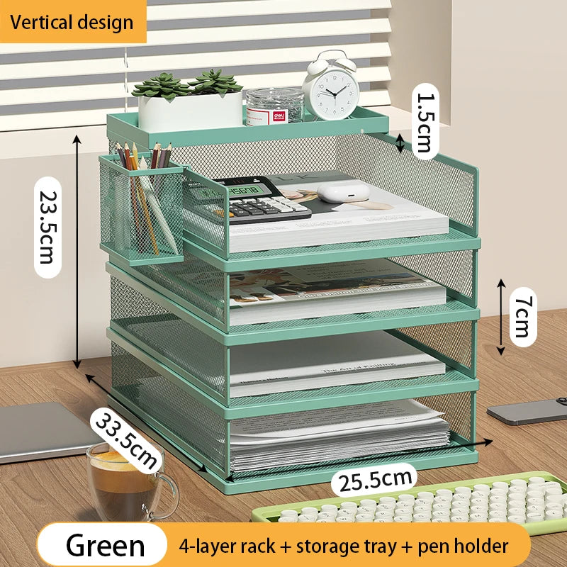 4-Tier Green Stackable Letter Tray Office Desk Organizer File Trays, Desktop Holder for Paper Letter Accessories with Pen Holder