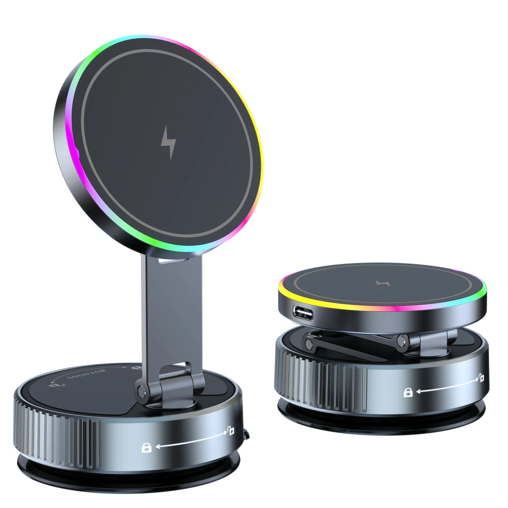 Magnetic Car Wireless Charger RGB Light Phone Holder Stand 360° Rotate Vacuum Suction Cup For Magsafe iPhone 12-16 Fast Charging