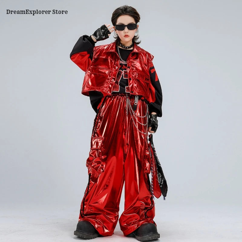 Boys Hip Hop Sweatshirt Shiny Vest Street Dance Cargo Pants Girls K-pop Clothes Set Kids Jazz Red Costumes Children Streetwear