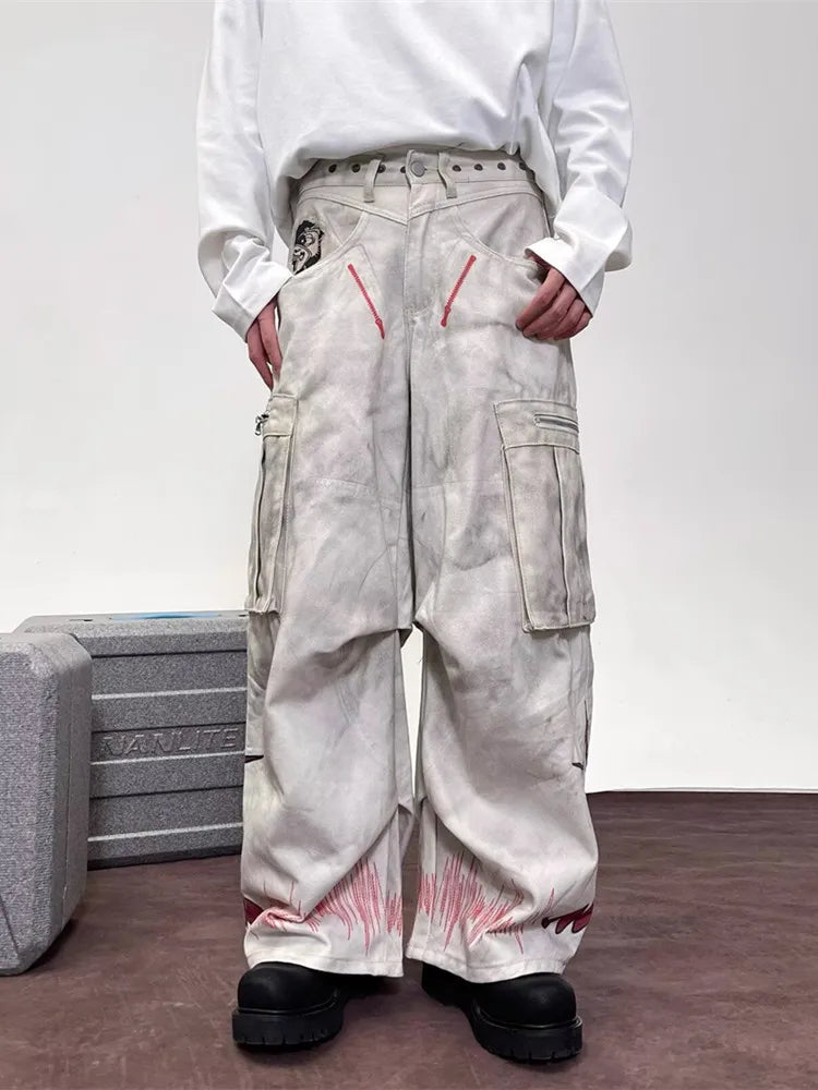 Cyber Y2K Streetwear Dirty Washed White Baggy Cargo Jeans Pants