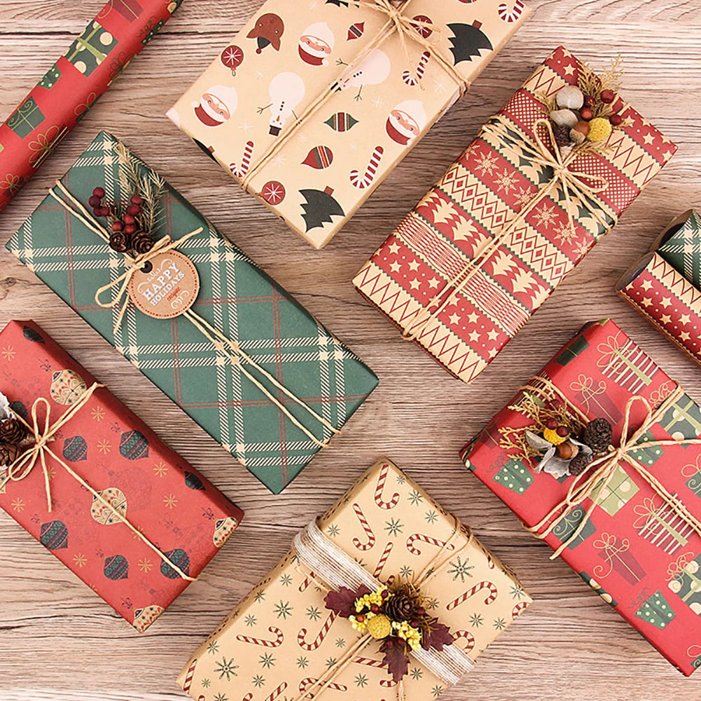 6Pcs Kraft Packaging Paper Retro Christmas Single-sided Wrapping Paper DIY Craft Paper Set for Party Birthday Halloween Gift