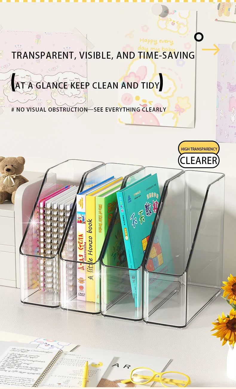 Vertical File Holder, Clear PET Desk Organizer and Storage Bins Holding for Magazines, Binders, Notebooks, Envelopes, Multi-purp