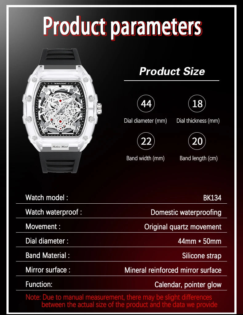UTHAI BK134 Fashionable Men watch barrel shaped transparent waterproof quartz watch sports clock gift watches for man