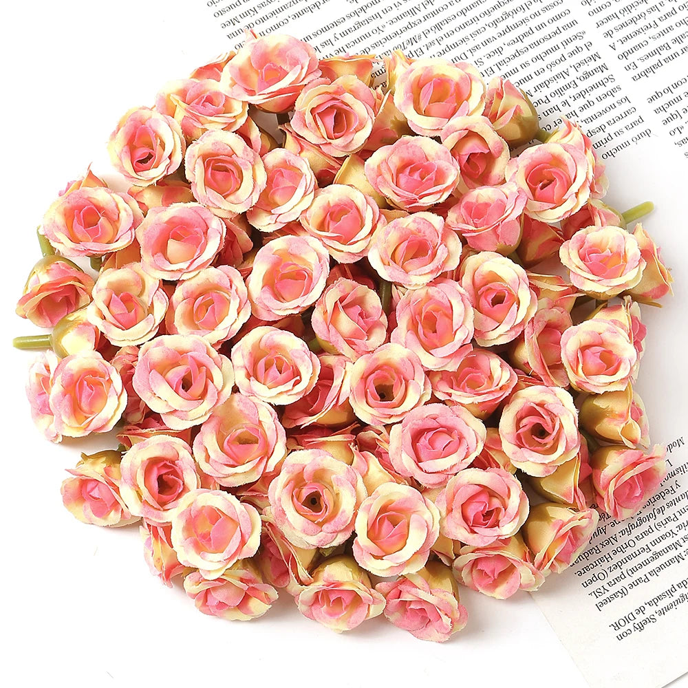 100Pcs Mini Silk Rose Artificial Flowers Head Fake Flowers For Home Decor Wedding Decoration DIY Bride Wreath Gifts Accessories