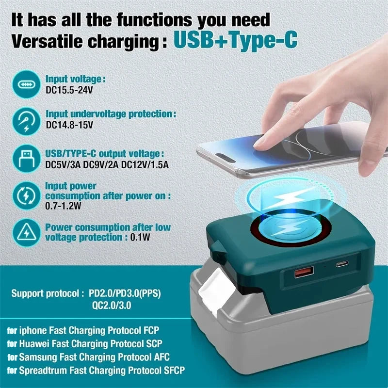 Tool Accessories Adapter For Makita For DeWalt For Milwaukee For Bosch 18V Li-ion Battery USB Type-C Power Bank Wireless Charger