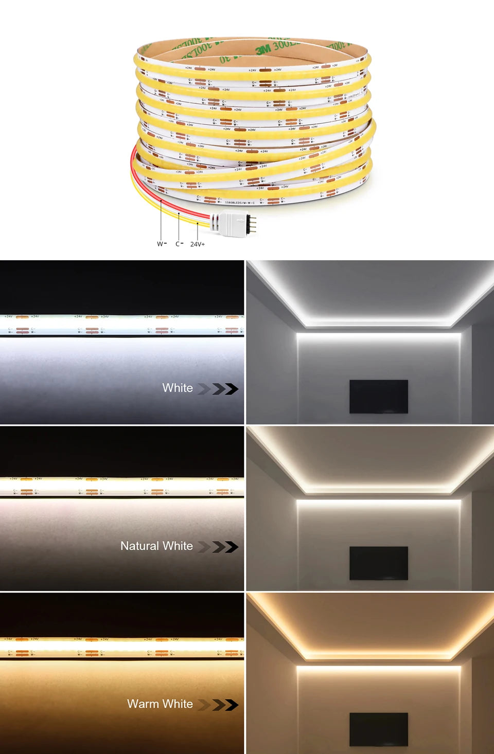 Tuya Smart WiFi Switch COB CCT LED Strip Light 3M 5M 24V Power Adapter EU/US Plug Dimmable Lamp LED Tape for Room Kitchen Decor