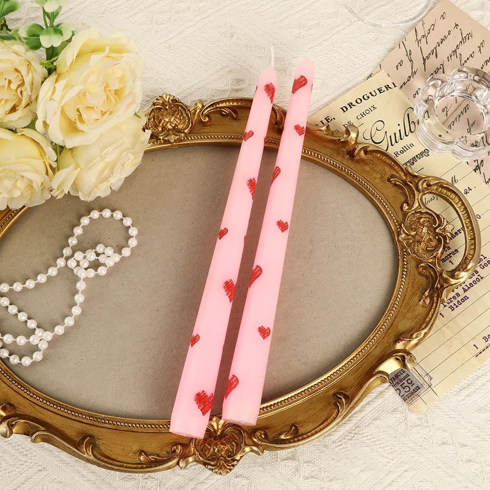 2pcs Colorful Printed Cherry Cone Stick Candles, Smokeless, Romantic, for Weddings, Valentine's Day, Heart-shaped Stick Candles