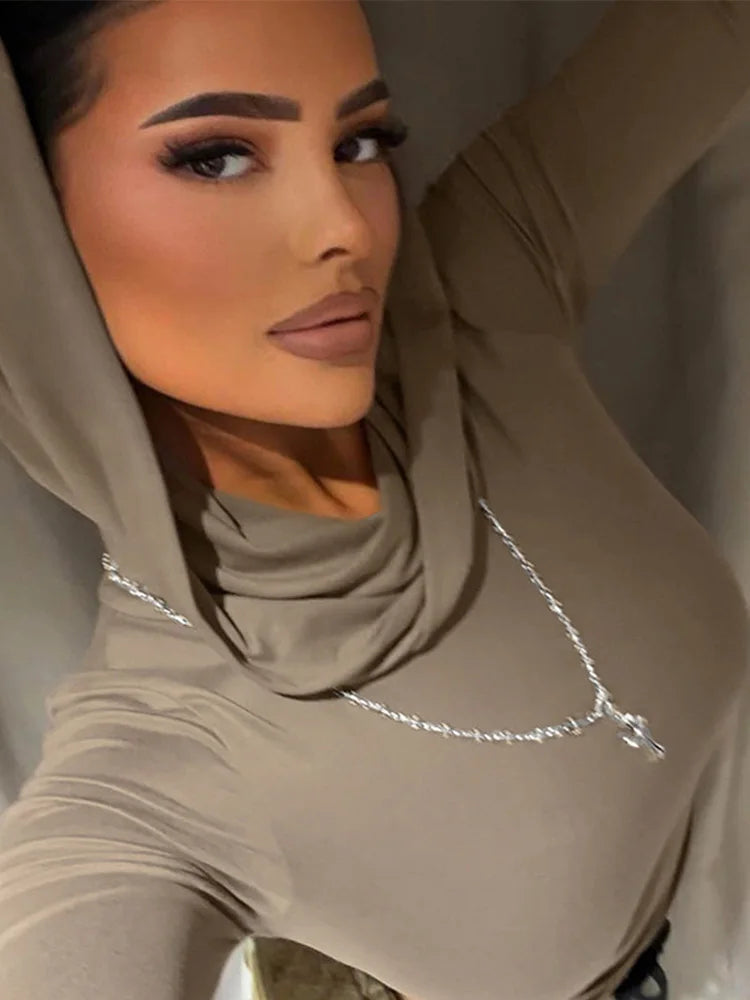 Women's Hooded Crop Tops Autumn Solid Color Long Sleeve
