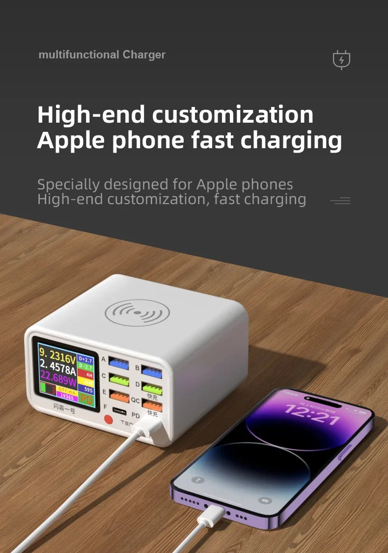 Multi-function Dianba NO.1 Pro 200W 20V 5A PD QC3.0 Fast Wireless Charger 8 Port USB Type C Mobile Phone Charger Desktop Hub