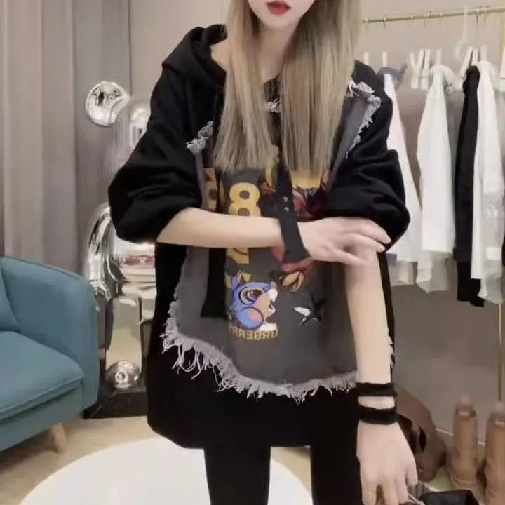 Graphic Hoodies Female Streetwear Sweatshirt Hoodie Pullover Korean Fashion Hooded Autumn Winter Tops Denim Jackets for Women