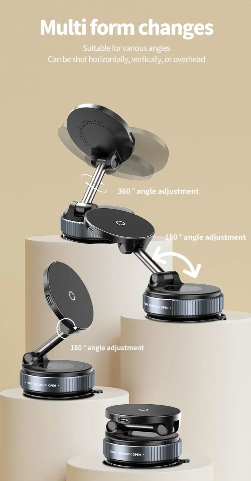 Car Magnetic Wireless Charger Phone Holder & 360° Rotation Vacuum Suction Cup Stand For iPhone 16 15 14 13 12 Fast Charging Dock