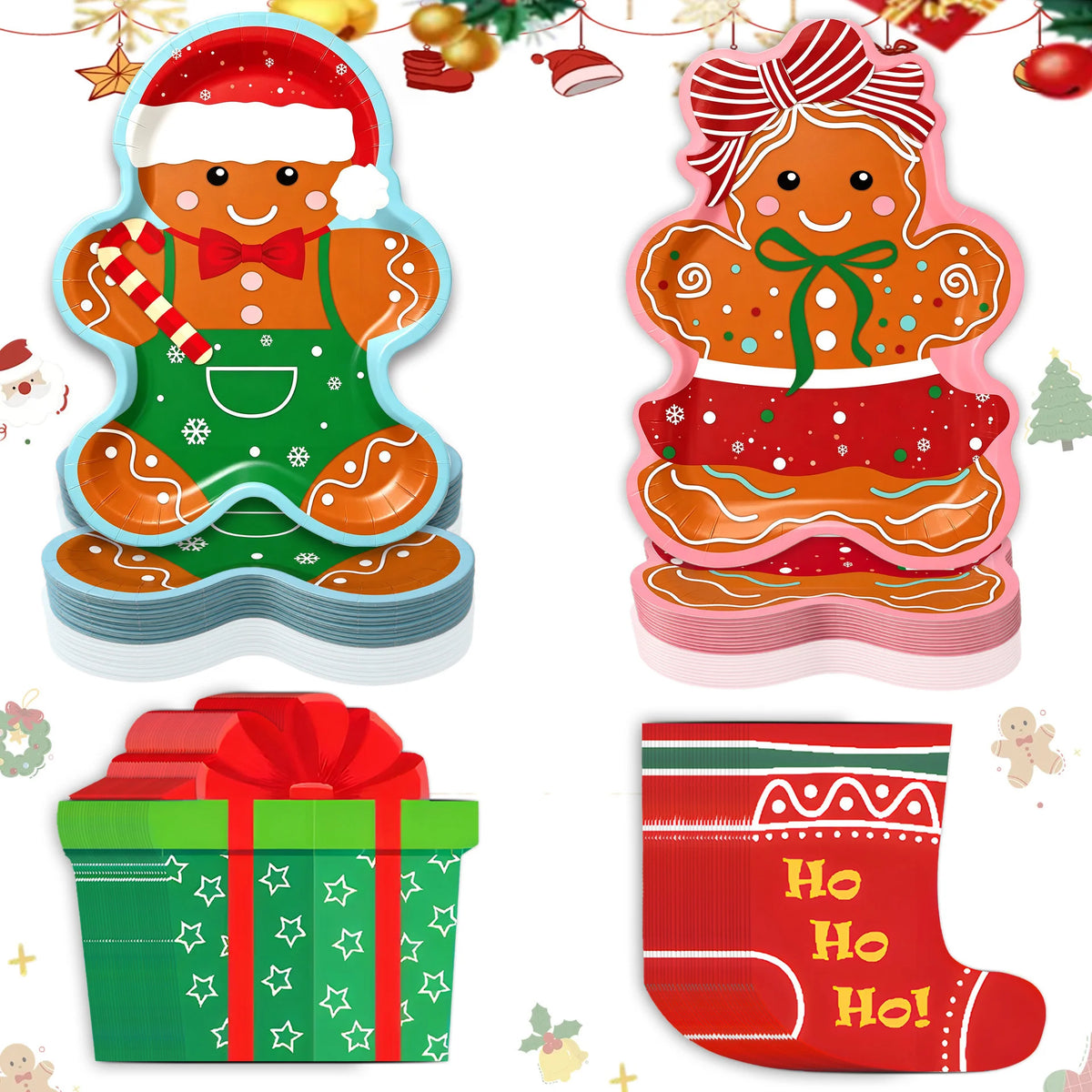 Christmas Party Supplies, Santa & Christmas Tableware Set, Paper Plates Napkins for Xmas Holiday Family Dinner Party Decorations