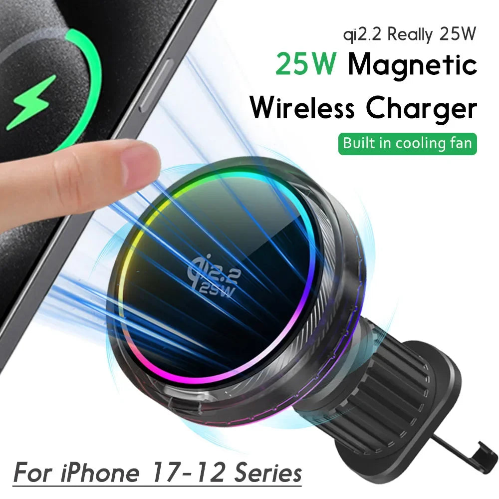 qi2.2 Car 25W Magnetic Wireless Charger Air Cooling RGB Light  Phone Holder For Magsafe iPhone 17 16 15 14 13 12 Fast Charging