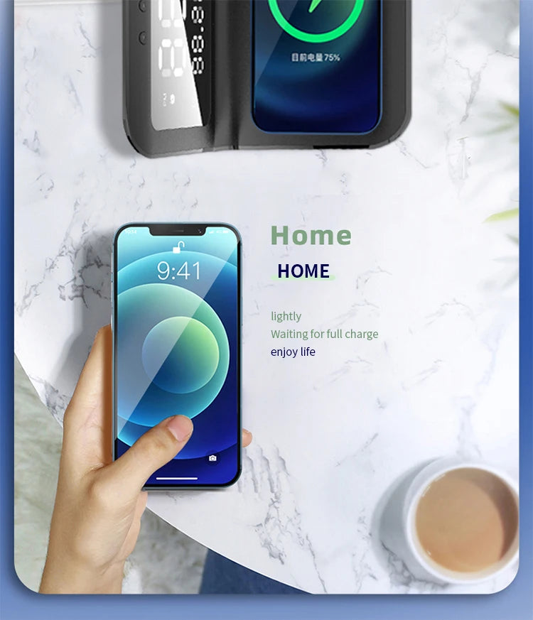 Wireless Charger Pad Stand with Alarm Clock Thermometer for iPhone 14 13 12 11 X Xiaomi Samsung 15W Phone Fast Charging Station