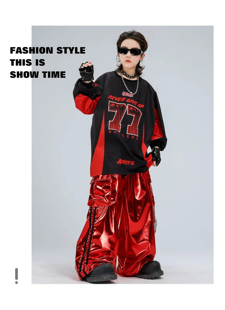 Boys Hip Hop Sweatshirt Shiny Vest Street Dance Cargo Pants Girls K-pop Clothes Set Kids Jazz Red Costumes Children Streetwear