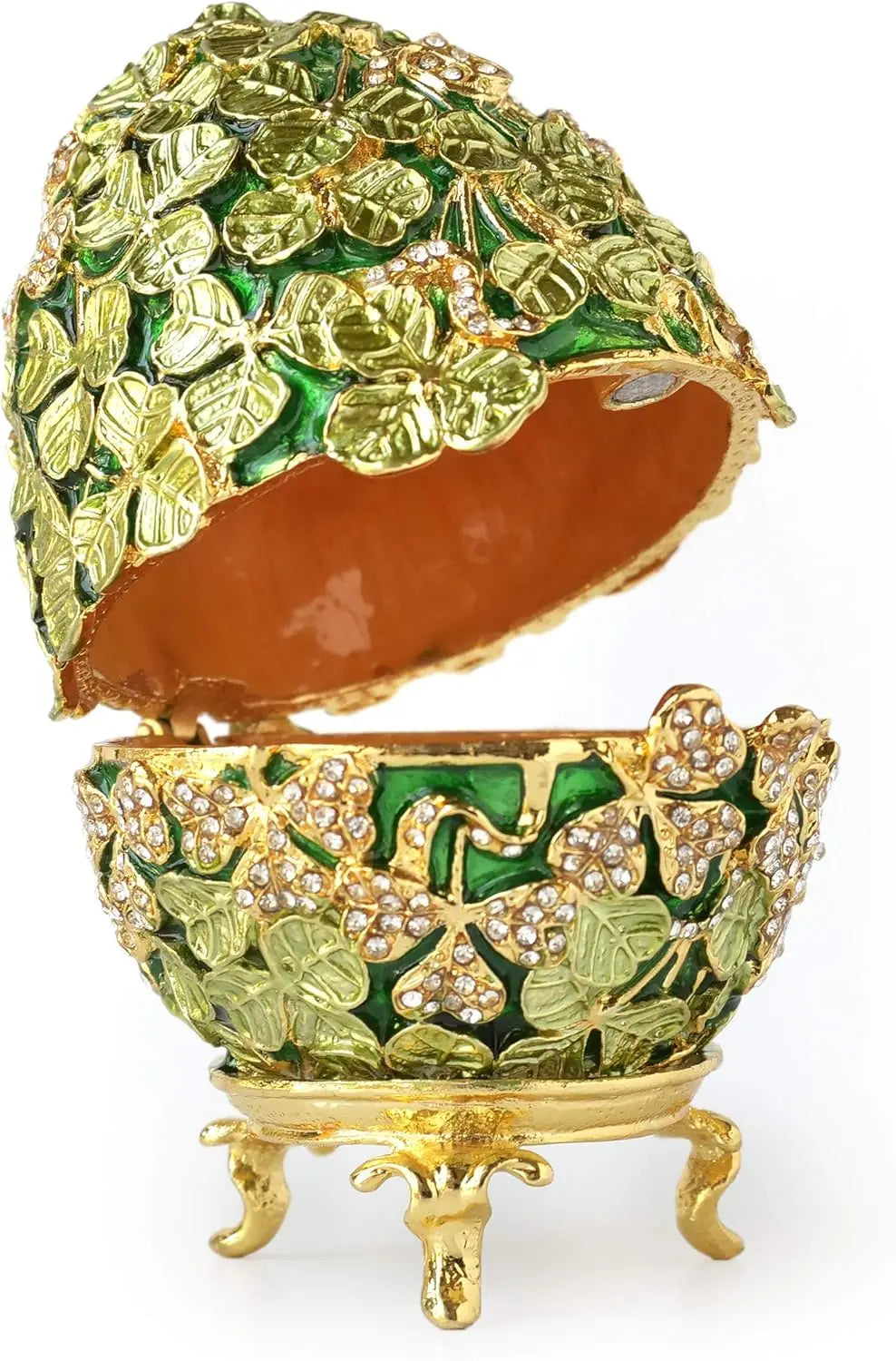 Hand-painted retro-style golden leaf Faberge eggs, with rich enamel and shiny rhinestone jewelry box (gold pink leaves), metalli