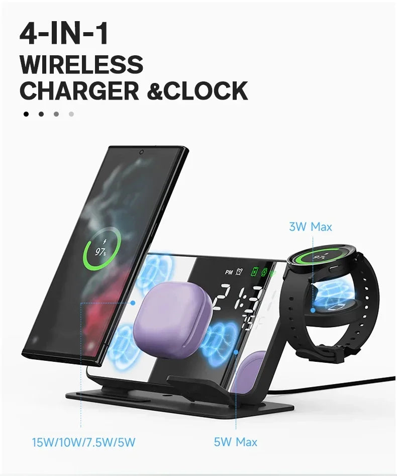 3 in 1 Wireless Charger For Apple Samsung Galaxy Watch 6 5 Pro S24 S23 S22 Fast Charging Station Alarm Clock Phone Charger Stand