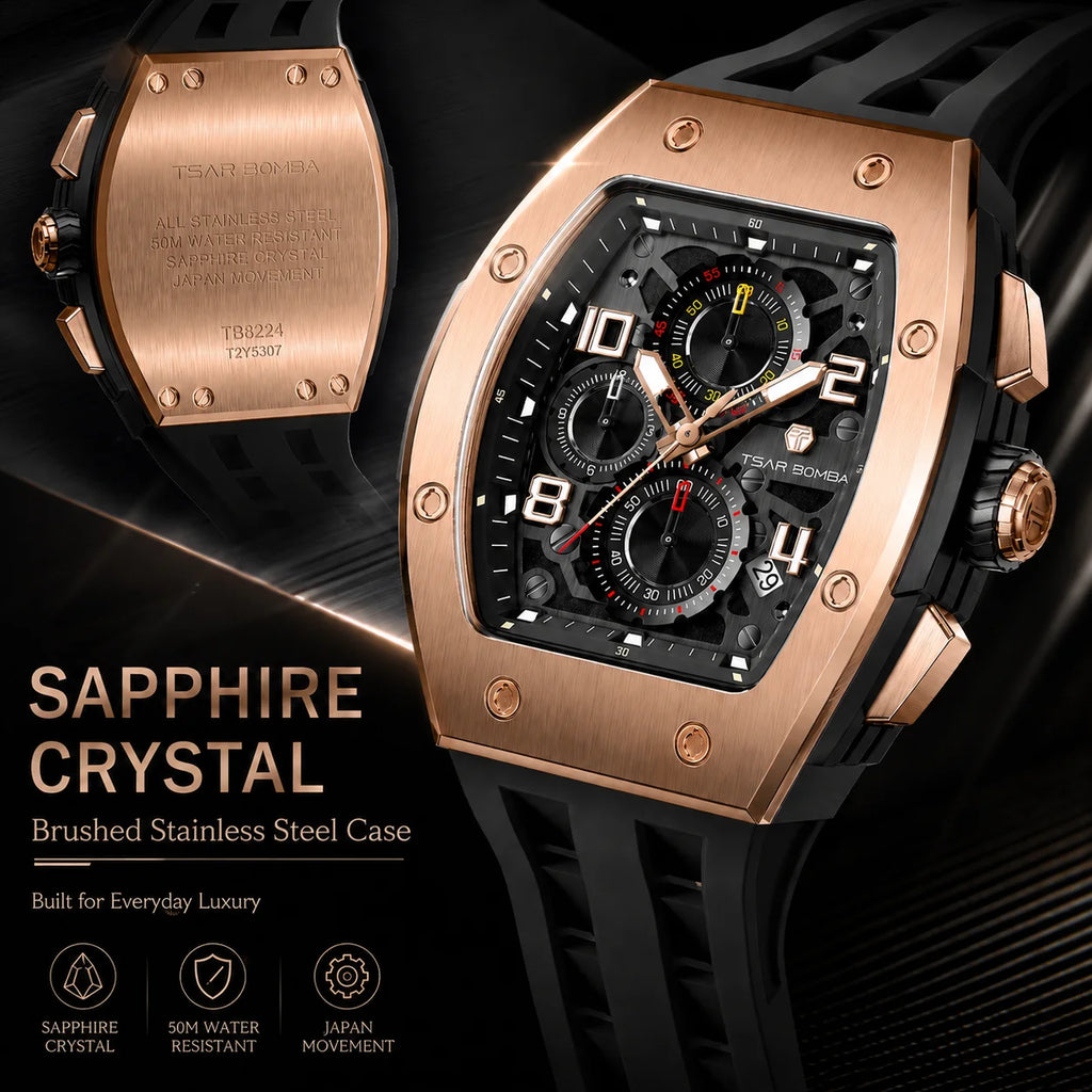 TSAR BOMBA TB8224Q Men's Rose Gold Tone Tonneau Quartz