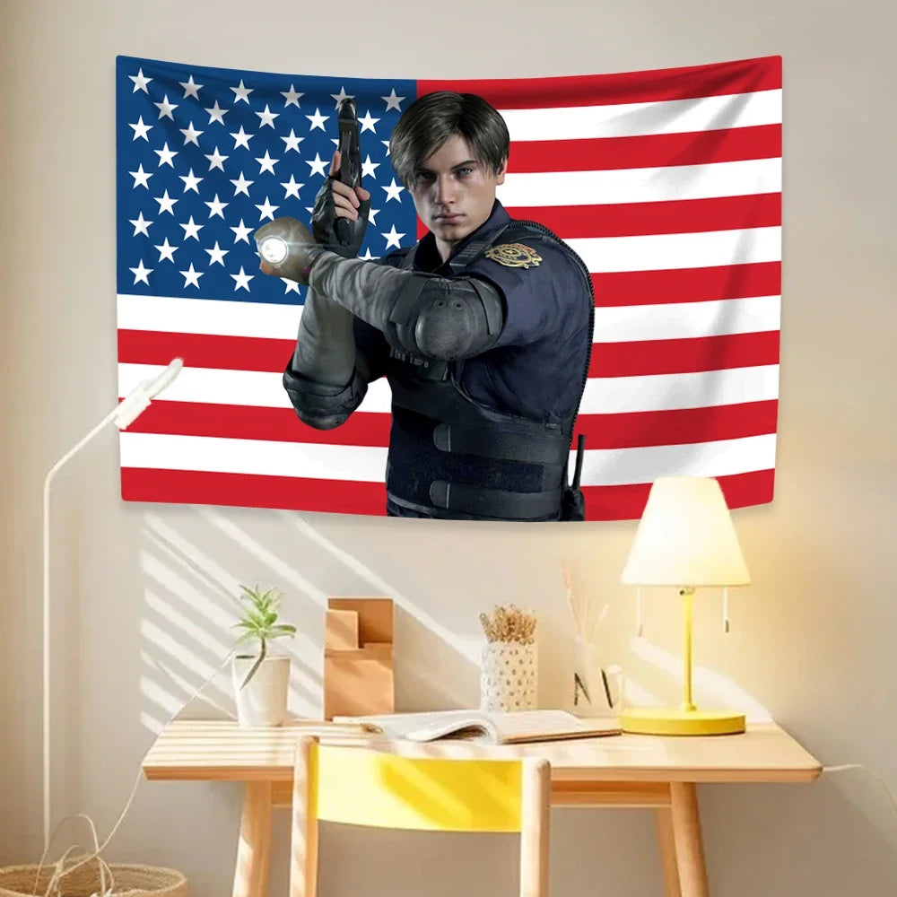 Leon Kennedys American Flag  Hippie Home Decor Aesthetics Wall Hanging Bedroom Dorm Background Cloth Birthday Gift