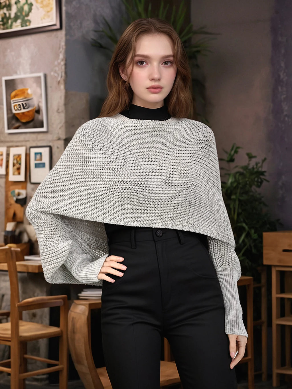 Woman Knitted Shawl Scarf With Long Sleeve Autumn Winter Outdoor Warm Soft Windproof Hollow Out Crop Top Shawl Scarf 210*33cm