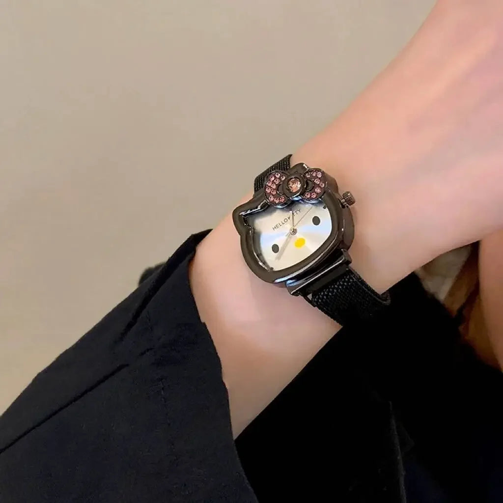 Sanrio Anime Hello Kitty Bow Set Diamond Watch Fashion Quartz Watch Cute Cartoon Magnet Small Dial Watch Girl Birthday Gift
