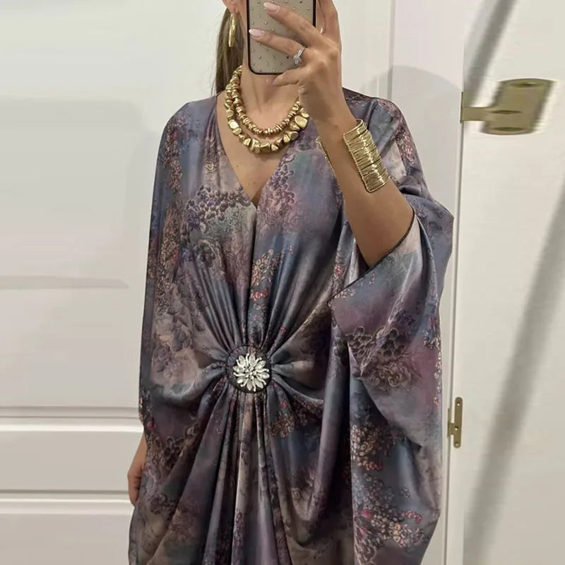 Spring Elegant Abstract Print Kaftan Dress Women's V Neck Batwing Sleeve Maxi Dress Bohemian Vacation Ruched Waist Evening Gowns
