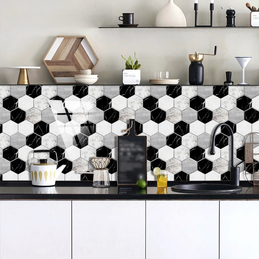 5 Styles Flat Hexagon Marble Embossing Tile Wall Stickers Oil-Proof Kitchen & Bathroom Washbasin Glossy Surface Decorative Mural
