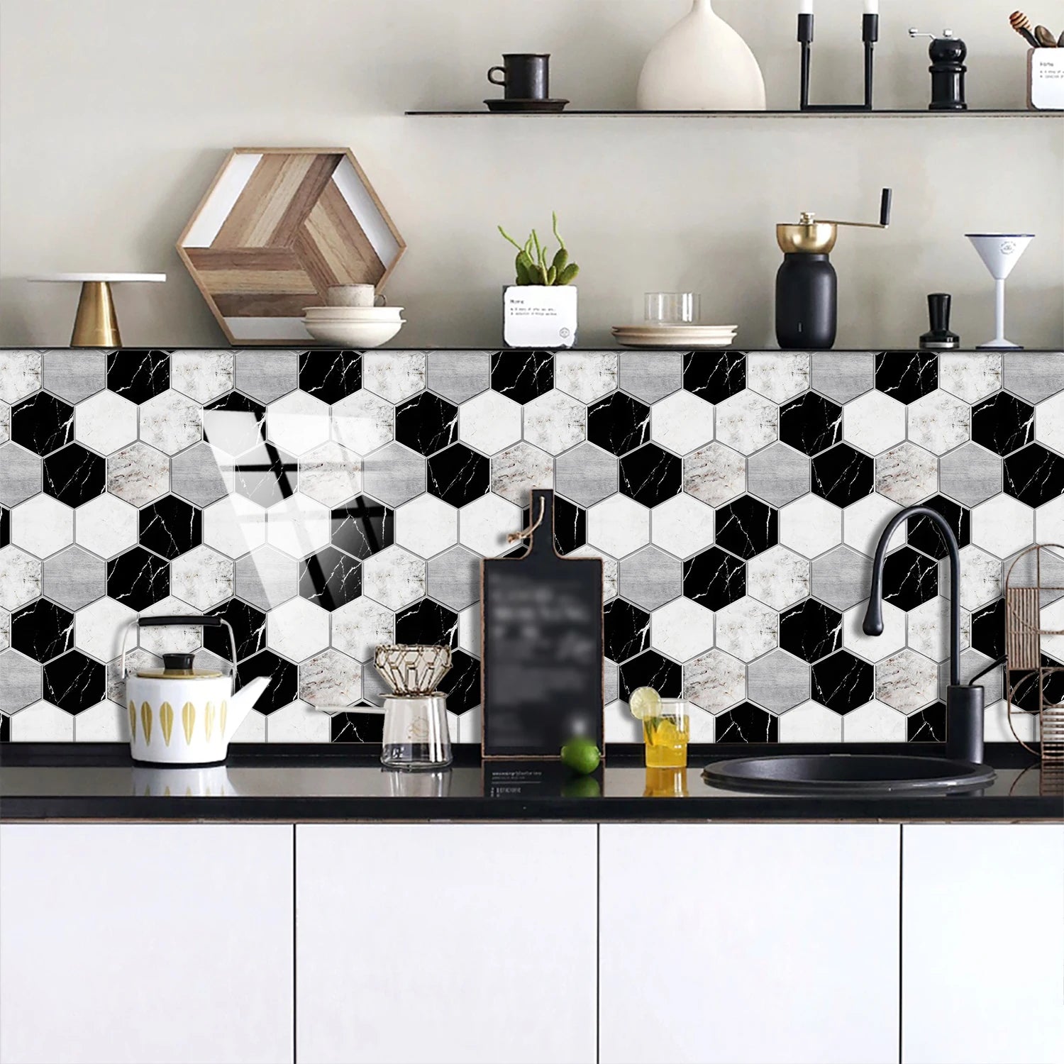 5 Styles Flat Hexagon Marble Embossing Tile Wall Stickers Oil-Proof Kitchen & Bathroom Washbasin Glossy Surface Decorative Mural