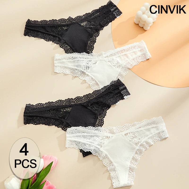 CINVIK 4pc Lace Sexy Lingerie Soft Intimate Women'S Panties Thongs Women Solid Color Fashion Low Waist Female Underwear G-String