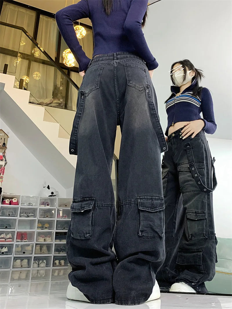 Women Y2K Japanese Streetwear Design Cargo Pants Denim Pants Long